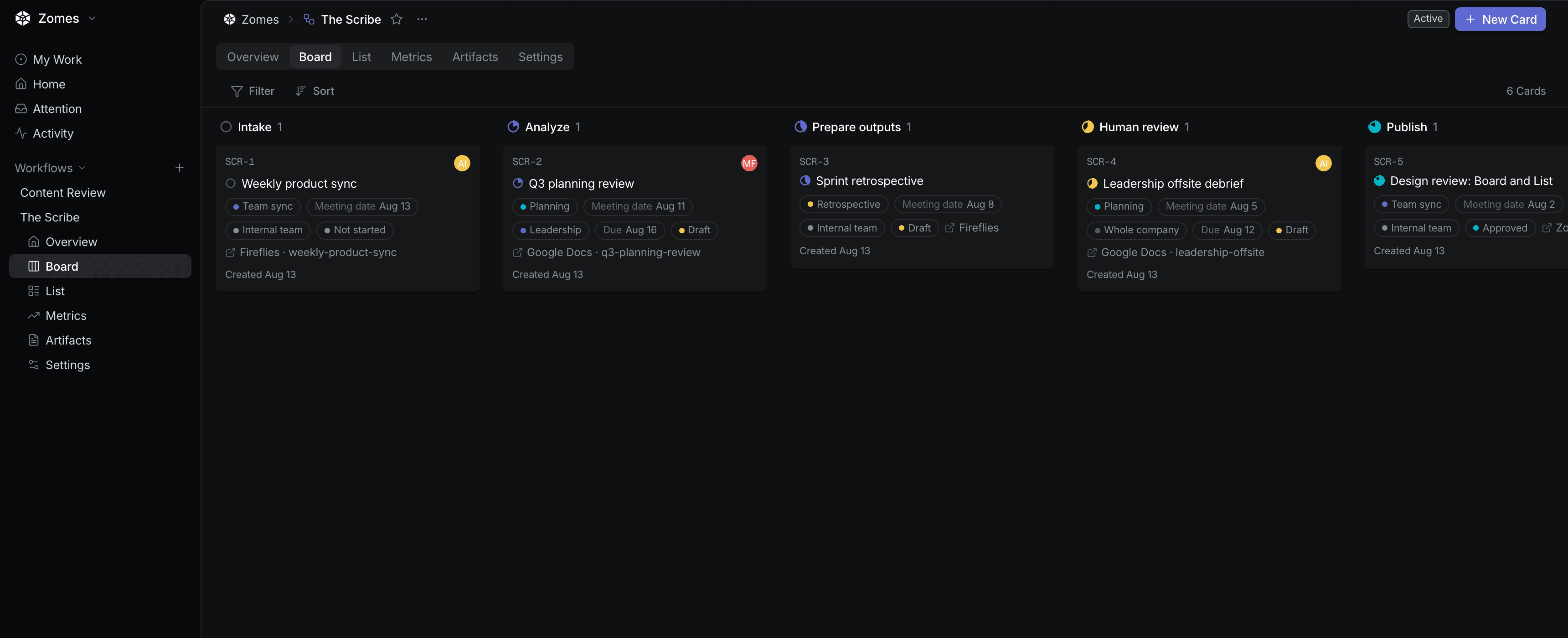 An Operating Studio workflow board showing work moving from intake through human review and publication